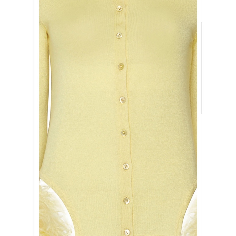 Lapointe Yellow Ostrich Feather Trimmed Wool Blend Cardigan Sz 6 - Picture 4 of 4